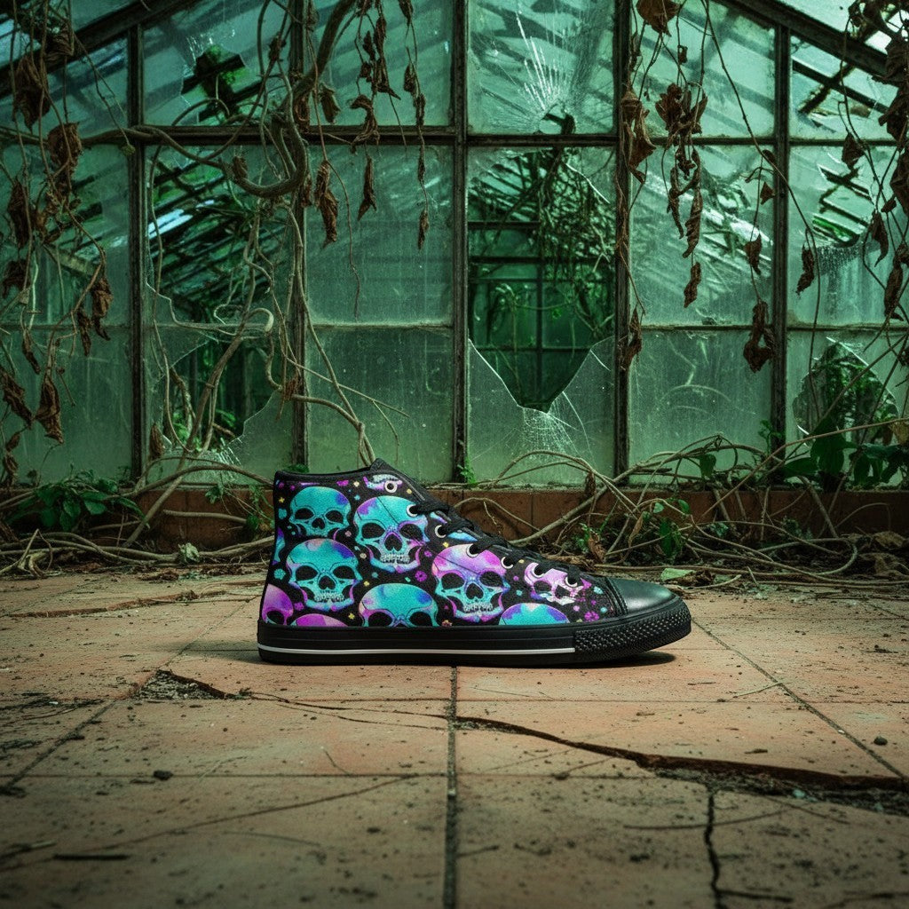 Freaky Shoes® high-top canvas sneakers featuring a vibrant neon skull pattern in an abandoned greenhouse setting.