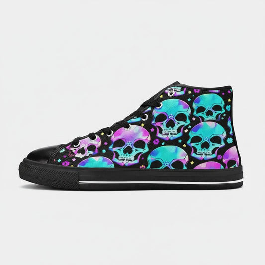 Freaky Shoes® high-top canvas sneakers featuring a vibrant neon skull pattern on a black background.