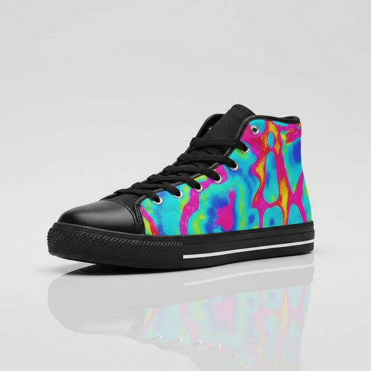 Freaky Shoes® women's high-top canvas sneakers featuring a vibrant neon tie-dye splash pattern and black trim.