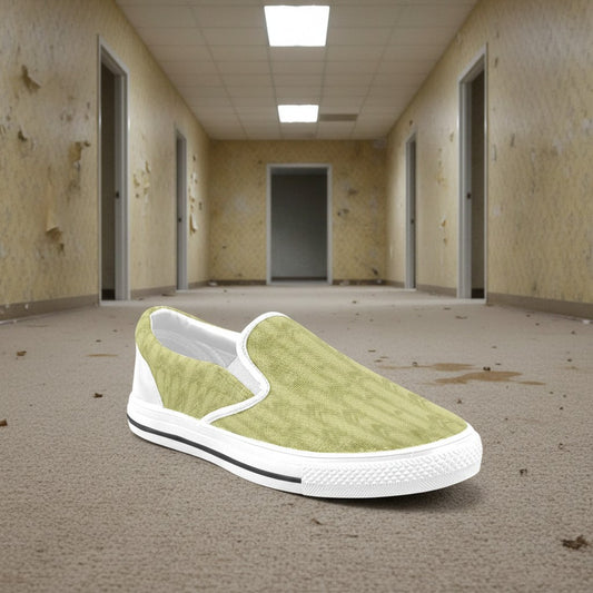 Freaky Shoes® light olive green canvas slip-on sneakers with a subtle geometric pattern and white rubber sole.