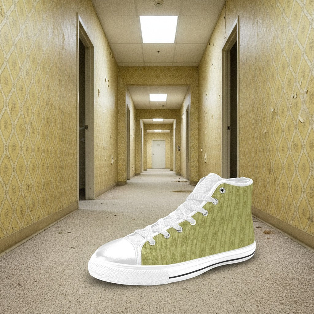 Women's No-Clip Backrooms Horror Fashion hand-made high-top canvas shoes — unique wearable art by Freaky Shoes
