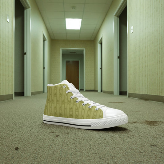 Freaky Shoes® women's olive green high top canvas sneakers with a geometric pattern and white laces.