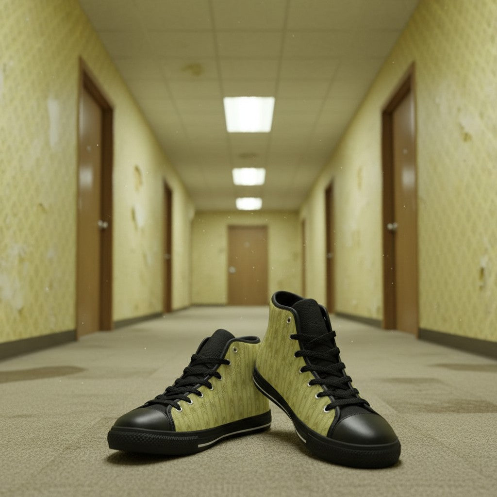 Women's Backrooms The Hub Alt Fashion Horror -4 Sides custom high-top canvas shoes — wearable art by Freaky Shoes
