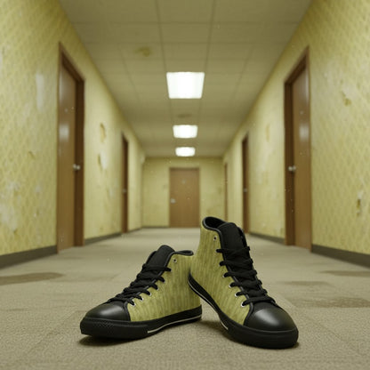 Women's Backrooms The Hub Alt Fashion Horror -4 Sides custom high-top canvas shoes — wearable art by Freaky Shoes