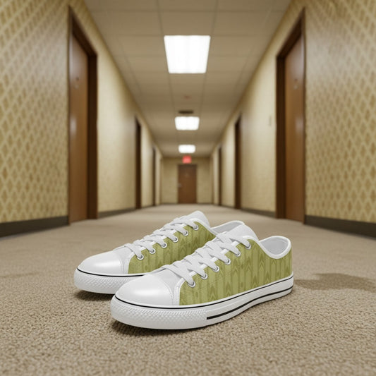 Freaky Shoes® low top canvas sneakers in olive green with a repeating geometric pattern and white laces.