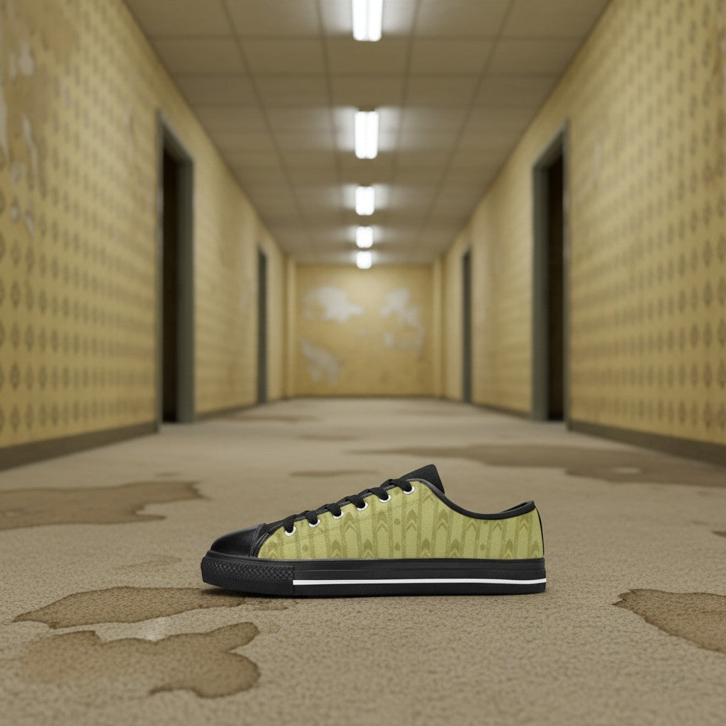 Men's Abandoned Hallway Backrooms Wallpaper Art hand-made high-top canvas shoes — unique wearable art by Freaky Shoes