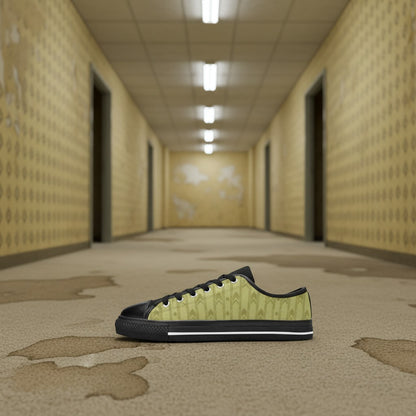Men's Abandoned Hallway Backrooms Wallpaper Art hand-made high-top canvas shoes — unique wearable art by Freaky Shoes