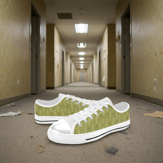 Freaky Shoes® men's low-top canvas sneakers in olive green with a repeating abstract pattern, white laces, and white rubber toe cap.