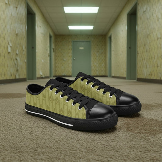 Freaky Shoes® men's low-top canvas sneakers in olive green with a repeating abstract pattern, black laces, and black toe cap.