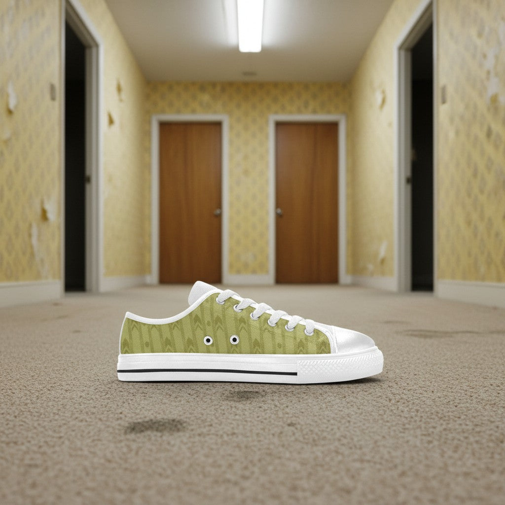 Custom Level 1 Backrooms Fluorescent Horror Aesthetic for Kid low-top canvas shoes with bold all-over art — Freaky Shoes