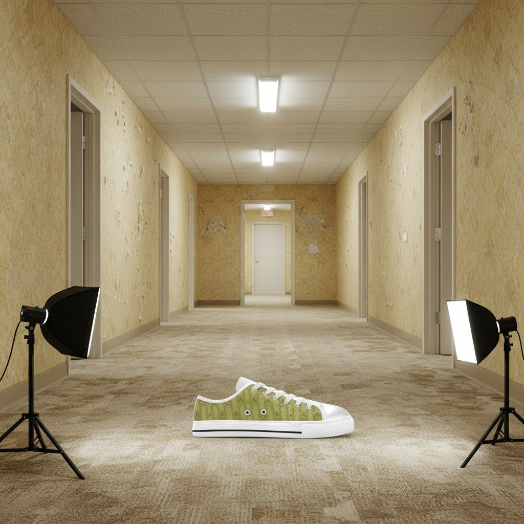 Men's Abandoned Hallway Backrooms Wallpaper Art high-top canvas shoes, custom full-wrap printed design — Freaky Shoes