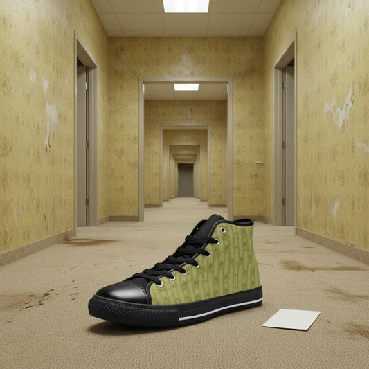 Freaky Shoes® women's high top canvas sneakers in olive green with a repeating geometric pattern and black toe cap and laces.