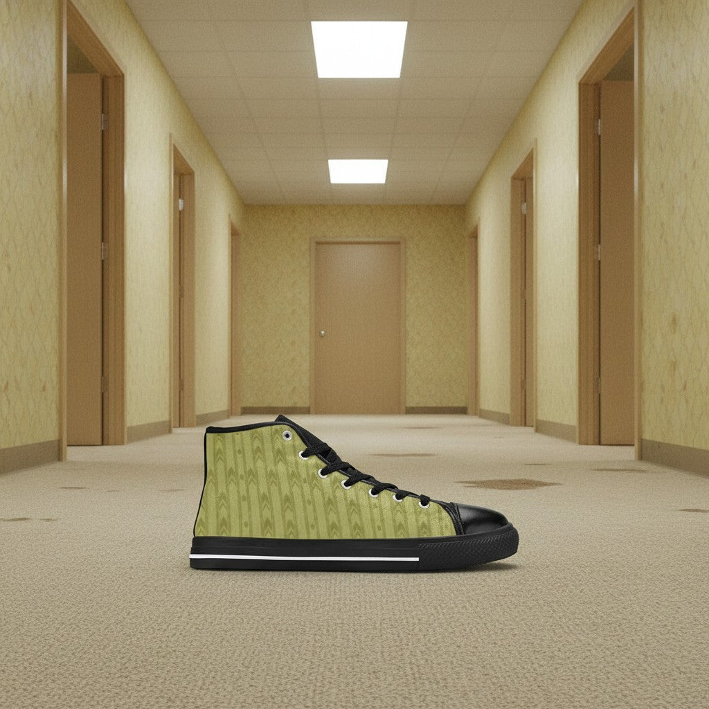Custom Women's Backrooms The Hub Alt Fashion Horror -4 Sides high-top canvas shoes with bold all-over art — Freaky Shoes