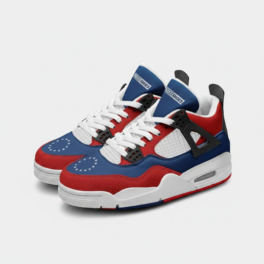 Freaky Shoes® Patriotic Betsy Ross high-top canvas sneakers featuring a red, white, and blue star-patterned design.