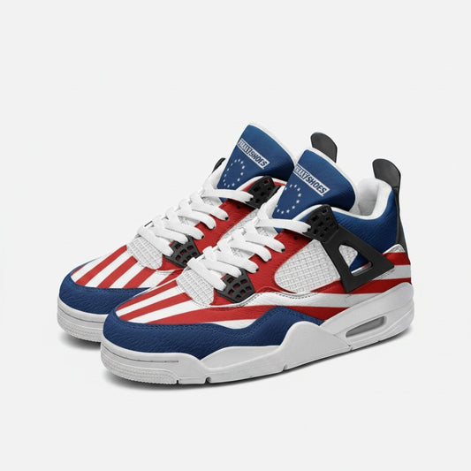 Freaky Shoes® Patriotic Betsy Ross high-top canvas sneakers with red, white, and blue flag design and rubber soles.