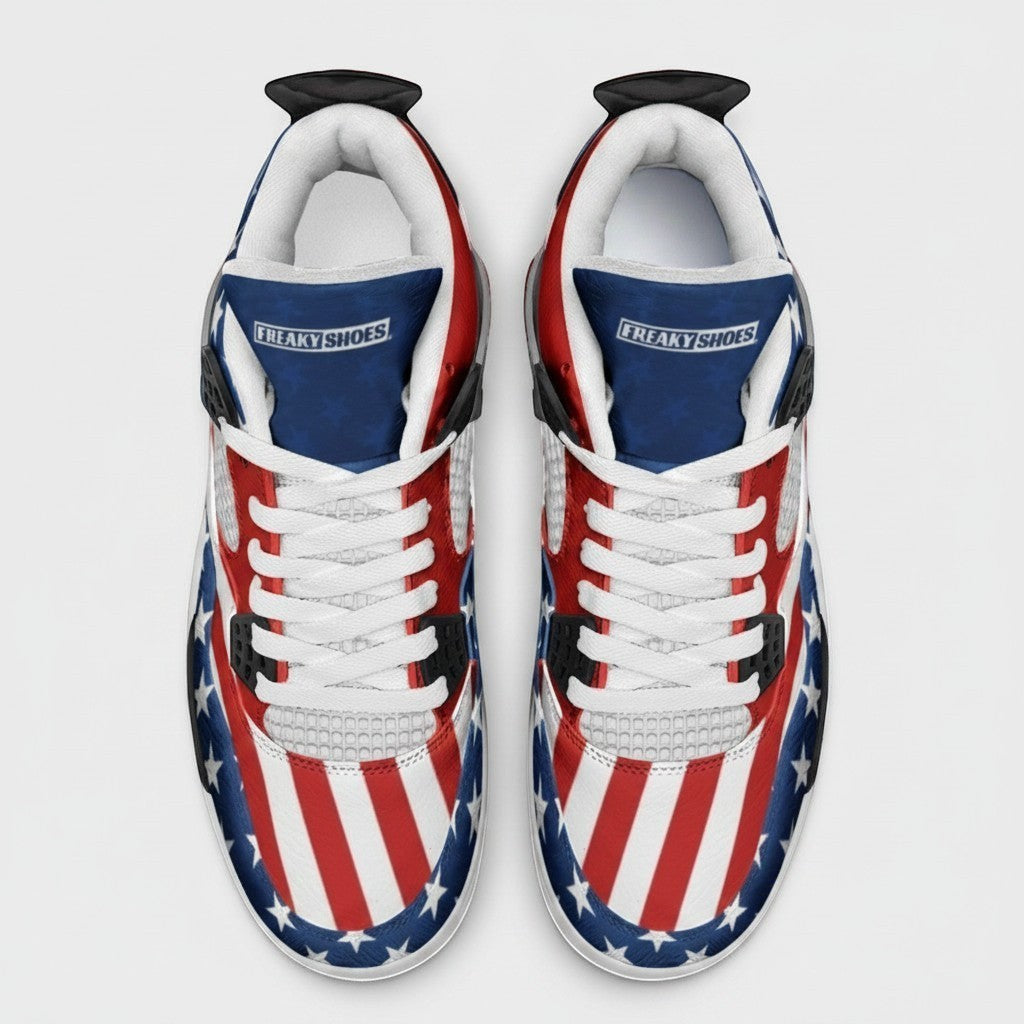 Freaky Shoes® patriotic high-top canvas sneakers with USA stars and stripes print and white laces