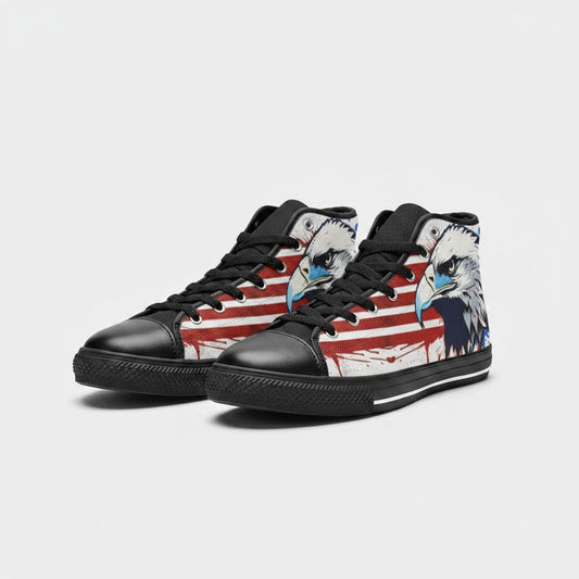 Freaky Shoes® men's high-top canvas sneakers featuring a patriotic eagle and American flag print design.