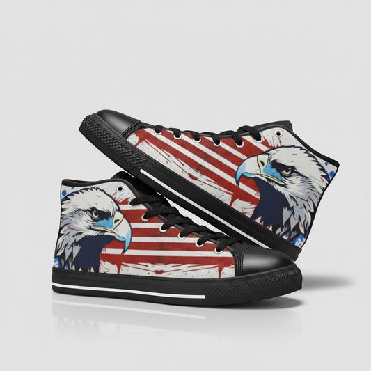 Freaky Shoes® women's high-top canvas sneakers featuring a patriotic eagle and American flag print design.