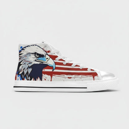 Freaky Shoes® women's white high-top canvas sneakers featuring a patriotic eagle and American flag graphic print