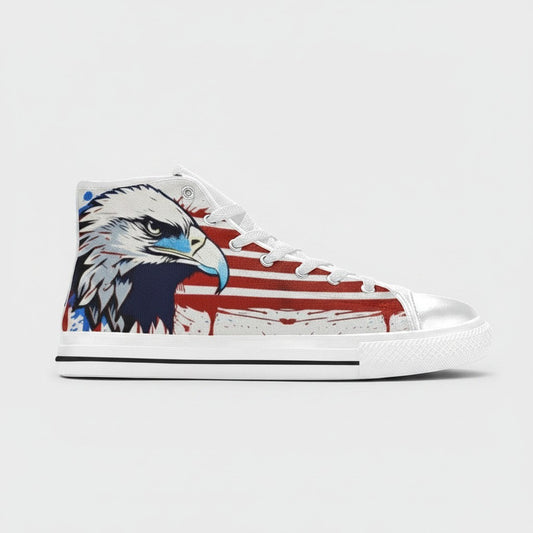 Freaky Shoes® women's white high-top canvas sneakers featuring a patriotic eagle and American flag graphic print