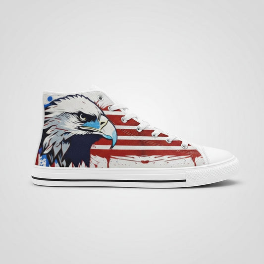 Freaky Shoes® men's high-top canvas sneakers featuring a patriotic eagle and American flag graphic print