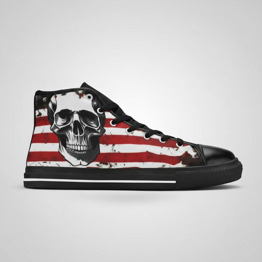 Freaky Shoes® women's high-top canvas sneakers featuring a patriotic American flag and skull graphic design.
