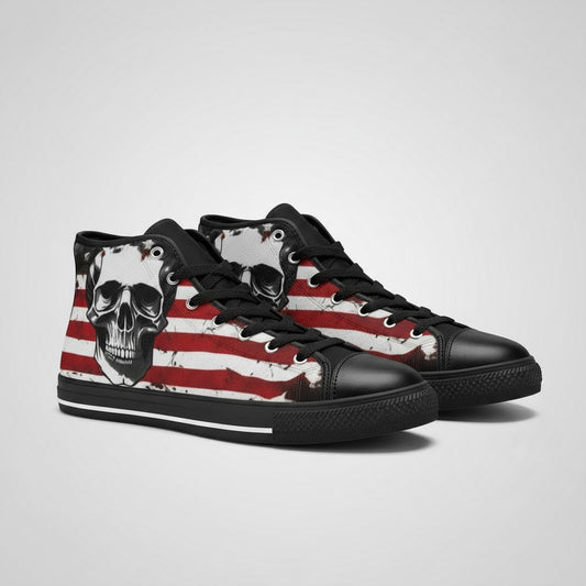 Freaky Shoes® men's high-top canvas sneakers featuring a patriotic American flag and skull graphic print.
