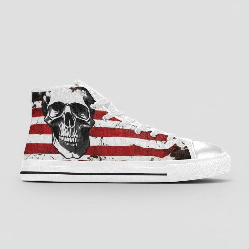 Freaky Shoes® women's high-top canvas sneakers featuring a patriotic American flag and skull graphic print.