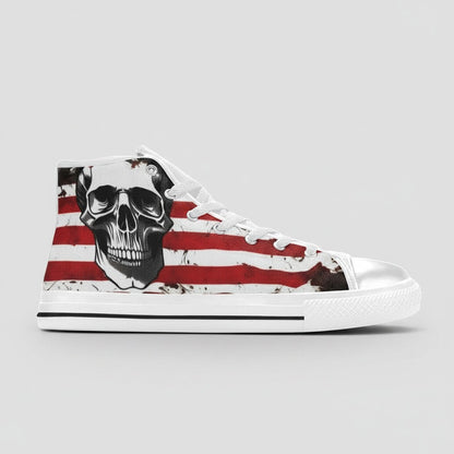 Freaky Shoes® women's high-top canvas sneakers featuring a patriotic American flag and skull graphic print.