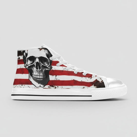 Freaky Shoes® women's high-top canvas sneakers featuring a patriotic American flag and skull graphic print.