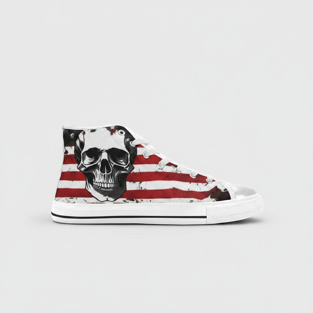 Freaky Shoes® men's high-top canvas sneakers featuring a patriotic American flag and skull graphic print