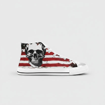 Freaky Shoes® men's high-top canvas sneakers featuring a patriotic American flag and skull graphic print