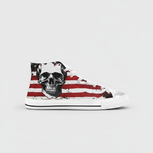 Freaky Shoes® men's high-top canvas sneakers featuring a patriotic American flag and skull graphic print