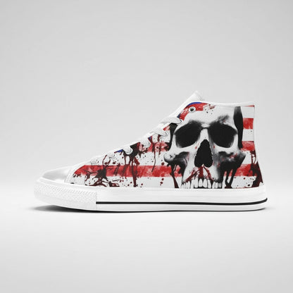 Freaky Shoes® men's high-top canvas sneakers featuring a patriotic American flag and skull splatter art design.
