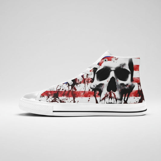 Freaky Shoes® men's high-top canvas sneakers featuring a patriotic American flag and skull splatter art design.