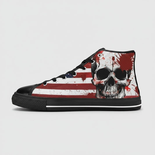Freaky Shoes® men's high-top canvas sneakers featuring a patriotic American flag and skull graphic print.
