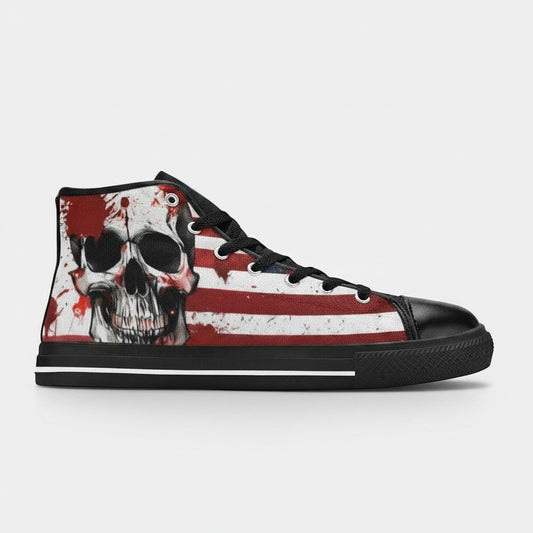 Freaky Shoes® women's high-top canvas sneakers featuring a patriotic American flag and skull graphic print