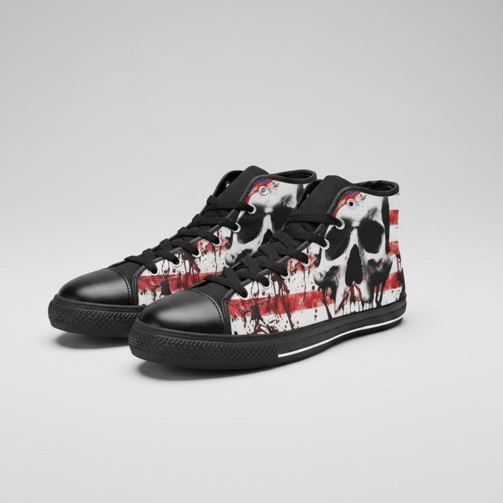 Freaky Shoes® men's high-top canvas sneakers featuring a patriotic American flag and skull splatter art design.