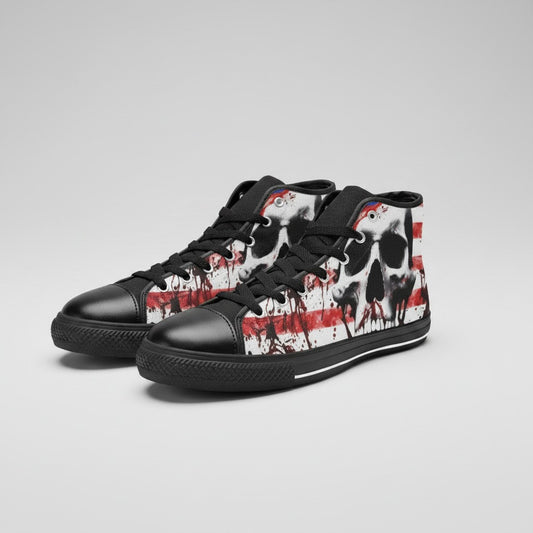 Freaky Shoes® men's high-top canvas sneakers featuring a patriotic American flag and skull splatter art design.
