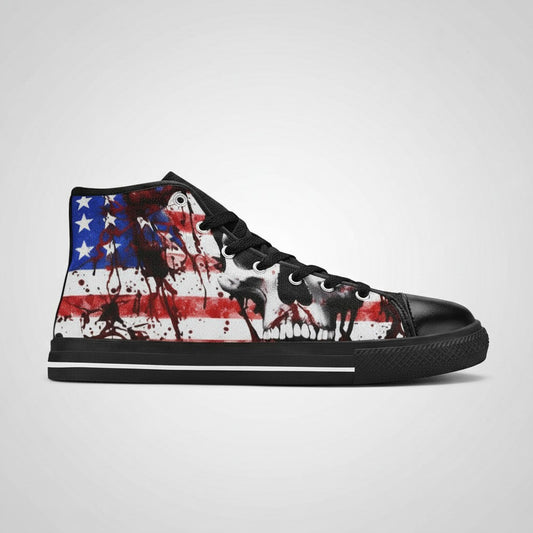Freaky Shoes® women's high-top canvas sneakers featuring a patriotic American flag splatter art design and skull graphic.