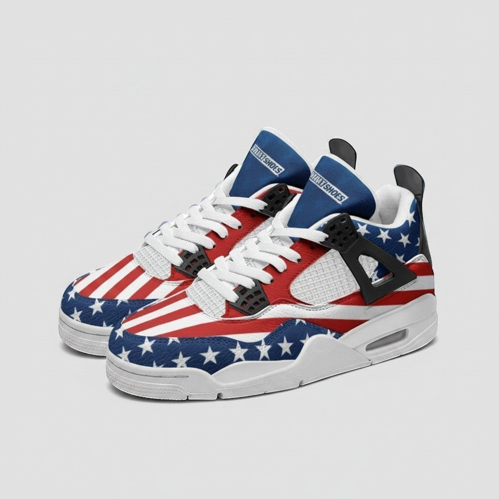 Freaky Shoes® patriotic high-top canvas sneakers featuring red, white, and blue USA stars and stripes design.