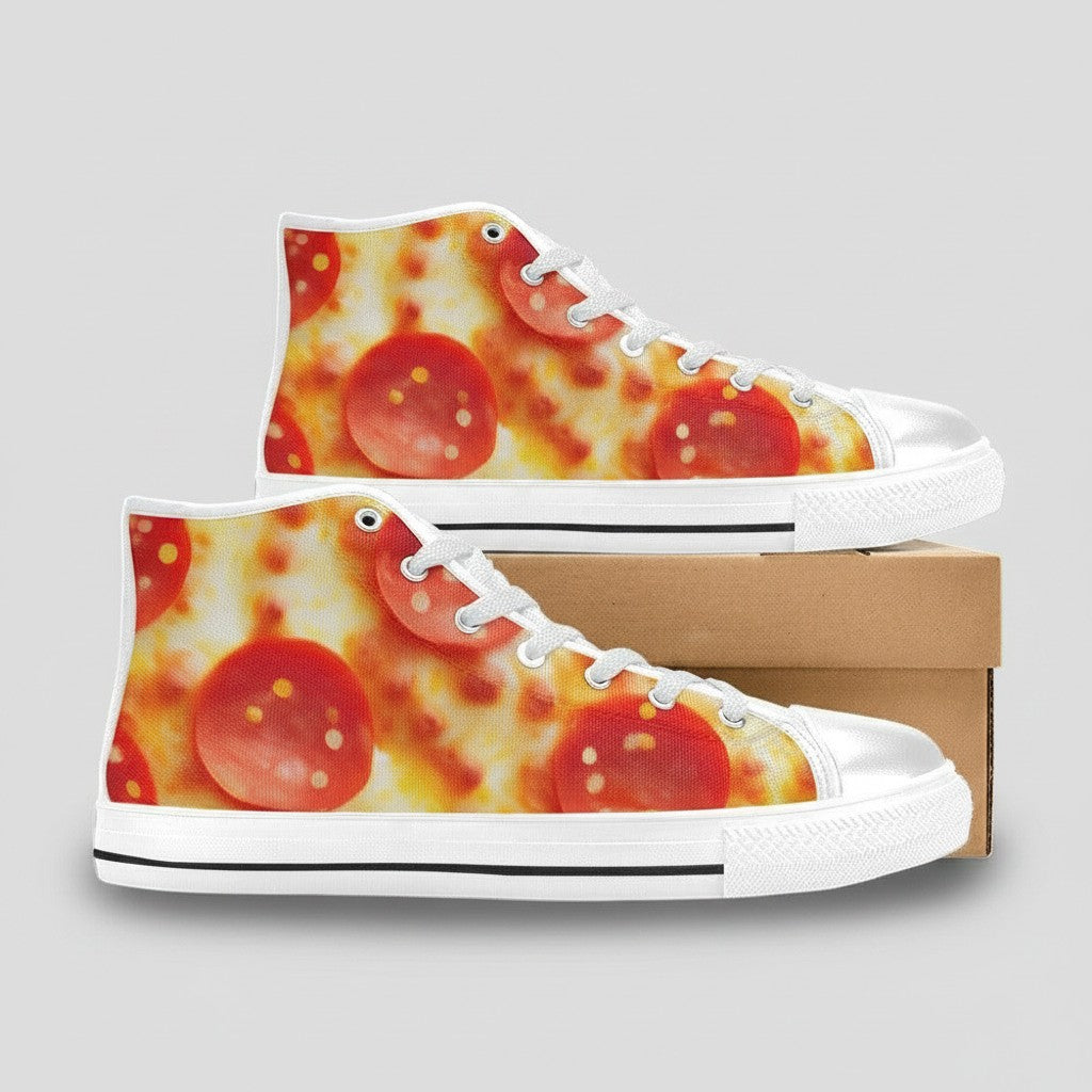 Freaky Shoes® women's high-top canvas sneakers featuring a vibrant pepperoni pizza cheese print and white laces.