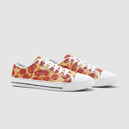 Freaky Shoes® low-top canvas sneakers featuring a vibrant pepperoni pizza print, white laces, and rubber soles.