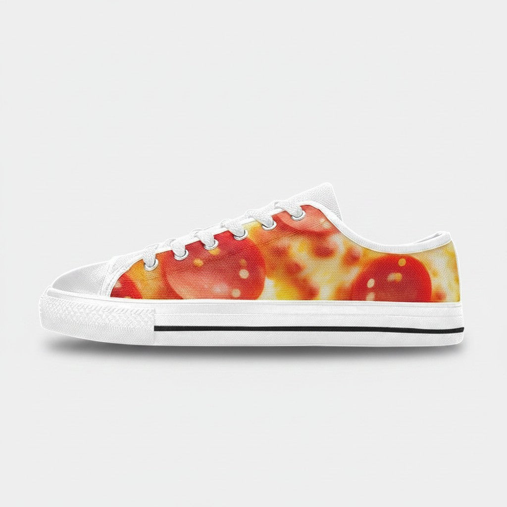 Freaky Shoes® men's low-top canvas sneakers featuring a vibrant pepperoni pizza cheese print on a white background.