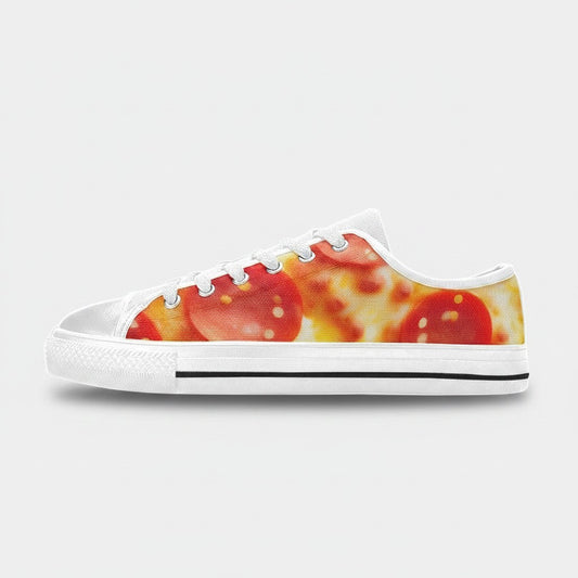Freaky Shoes® men's low-top canvas sneakers featuring a vibrant pepperoni pizza cheese print on a white background.