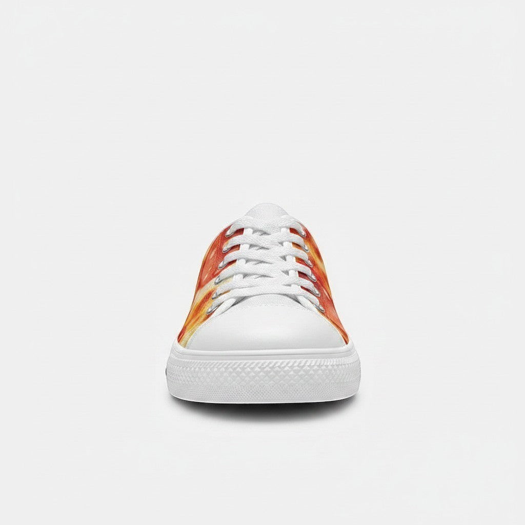 Freaky Shoes® women's low-top canvas sneakers featuring a vibrant pepperoni pizza cheese print and white rubber toe.
