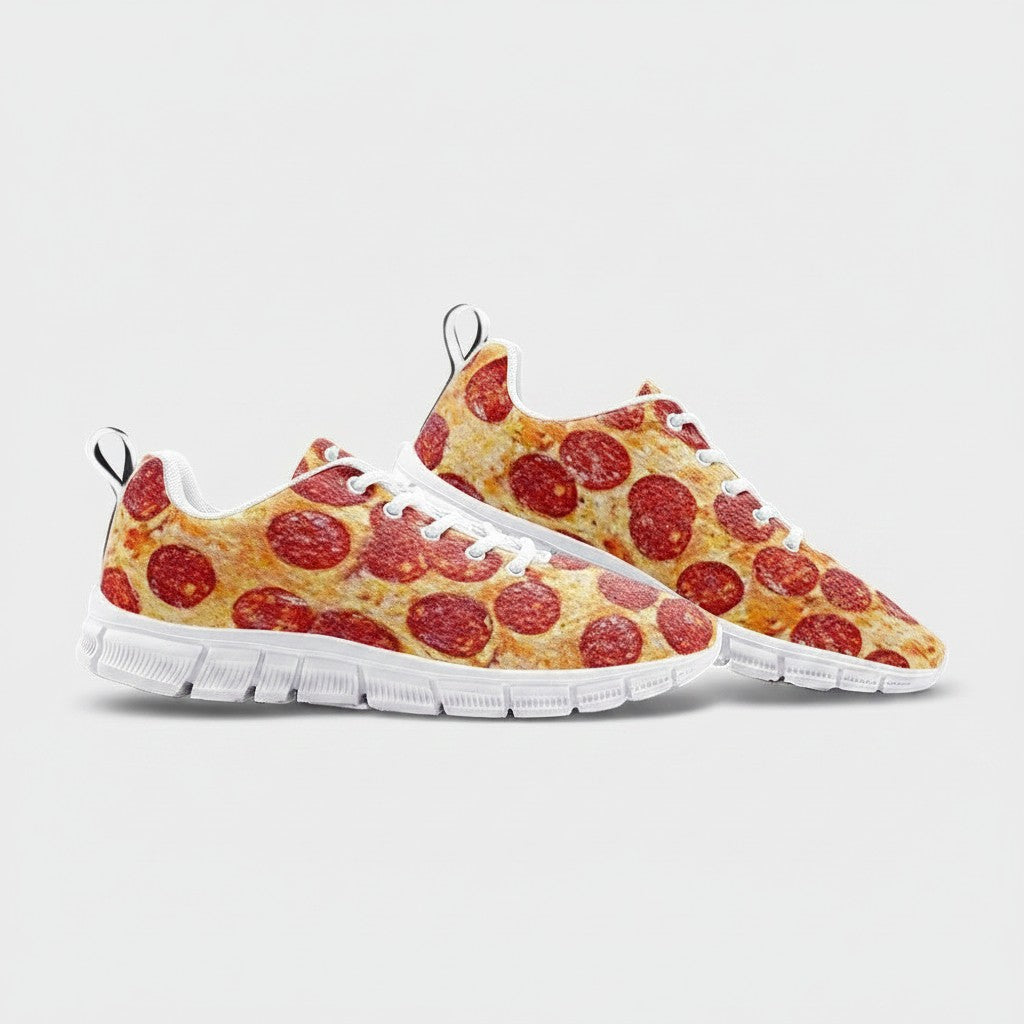 Freaky Shoes® custom high-top canvas sneakers featuring a vibrant pepperoni pizza print and white EVA soles.