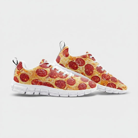 Freaky Shoes® custom high-top canvas sneakers featuring a vibrant pepperoni pizza print and white EVA soles.