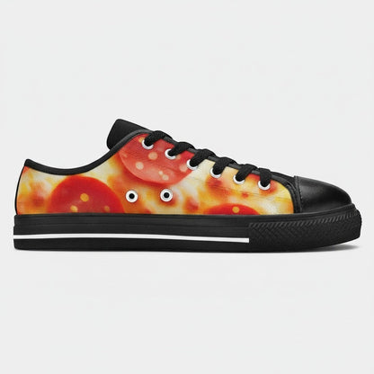 Freaky Shoes® women's low-top canvas sneakers featuring a vibrant pepperoni pizza cheese print and black trim.