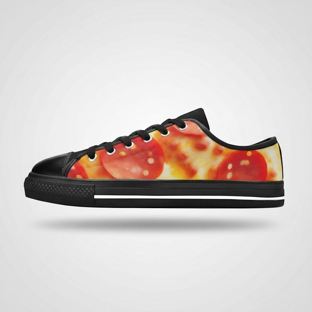Freaky Shoes® women's low-top canvas sneakers featuring a vibrant pepperoni pizza cheese print and black trim.